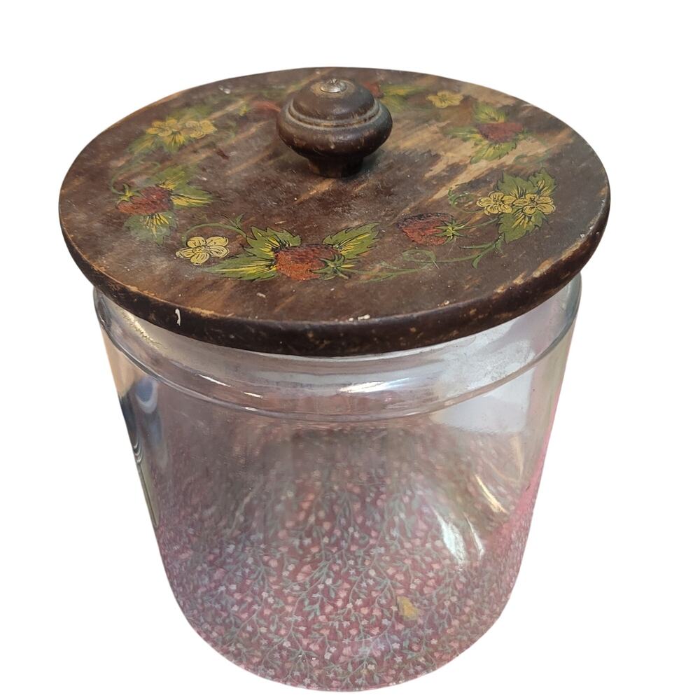 Vintage Strawberry Glass Jar w/ Wooden Lid 1980s Kitsch Decor storage canister
